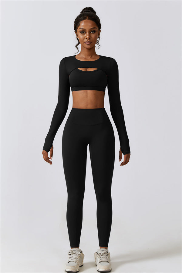 U-Neck Sports Bra & Off-Shoulder Crop Top Matching 3-Piece Set