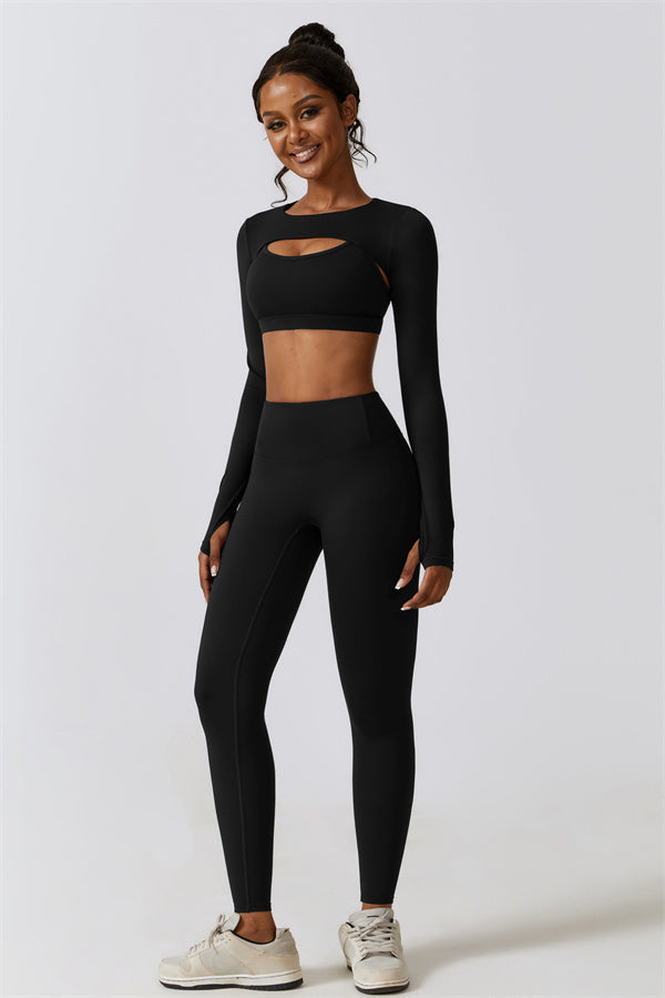 U-Neck Sports Bra & Off-Shoulder Crop Top Matching 3-Piece Set