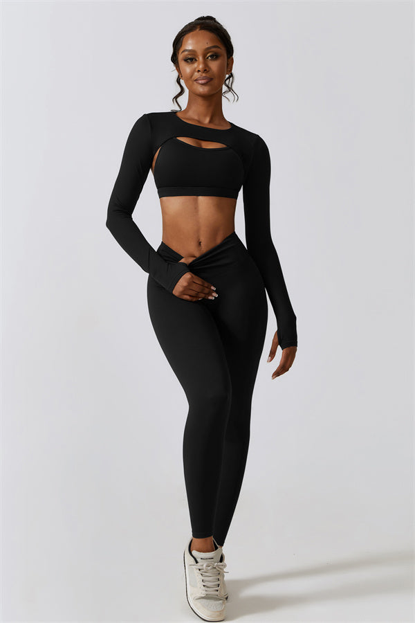 U-Neck Sports Bra & Off-Shoulder Crop Top Matching 3-Piece Set