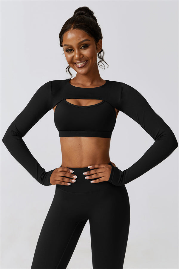 U-Neck Sports Bra & Off-Shoulder Crop Top Matching 3-Piece Set