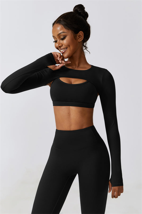 U-Neck Sports Bra & Off-Shoulder Crop Top Matching 3-Piece Set