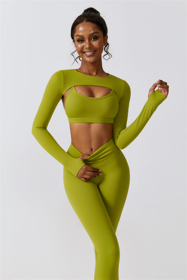 U-Neck Sports Bra & Off-Shoulder Crop Top Matching 3-Piece Set