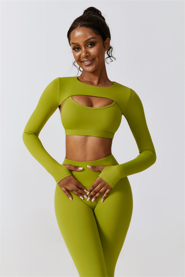 U-Neck Sports Bra & Off-Shoulder Crop Top Matching 3-Piece Set