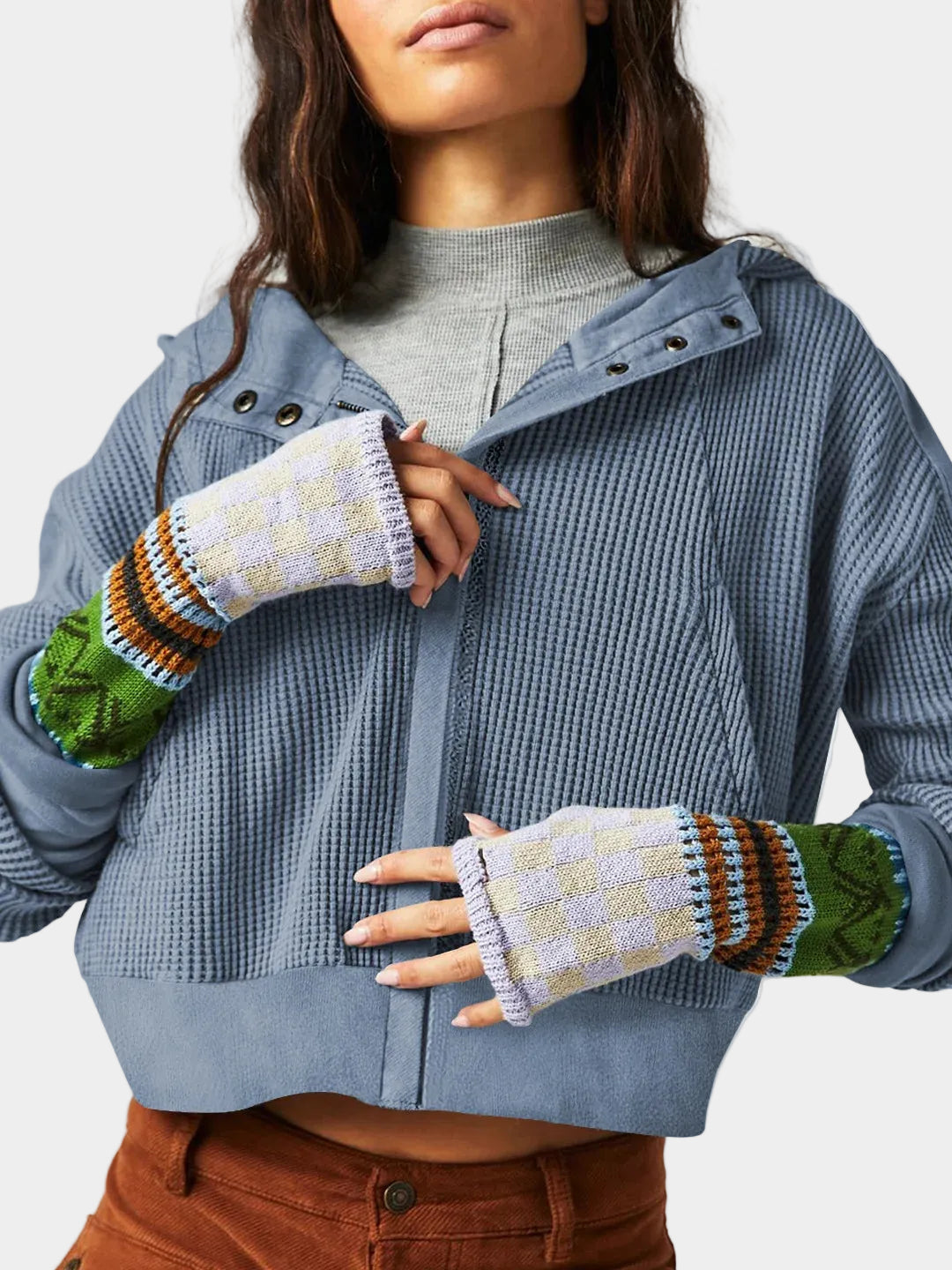 Cropped Waffle Hoodie Soft Cotton Snug Hood