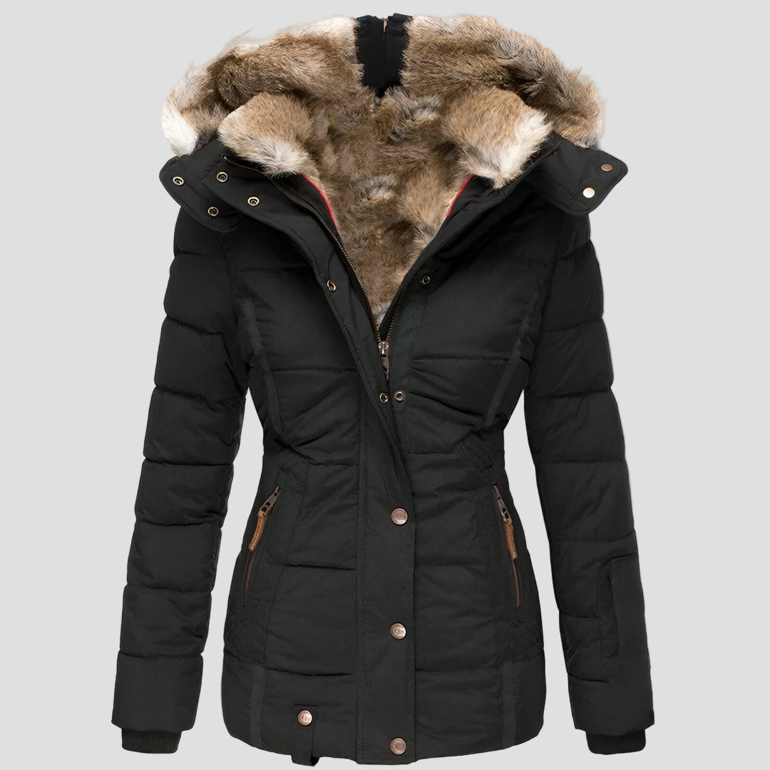 Women's Black Puffer Jacket - Slim Fit Hooded Winter Coat for Warmth and Style 0