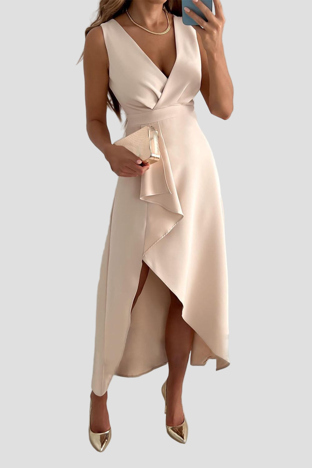 Elegant Wrap Maxi Dress with V-Neck and Asymmetrical Hem