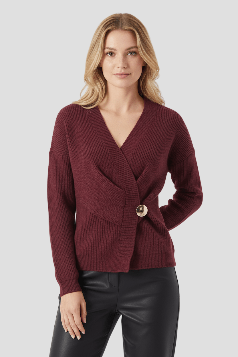 Women's Ribbed Knit Wrap Sweater Top with V-Neck and Asymmetrical Hem