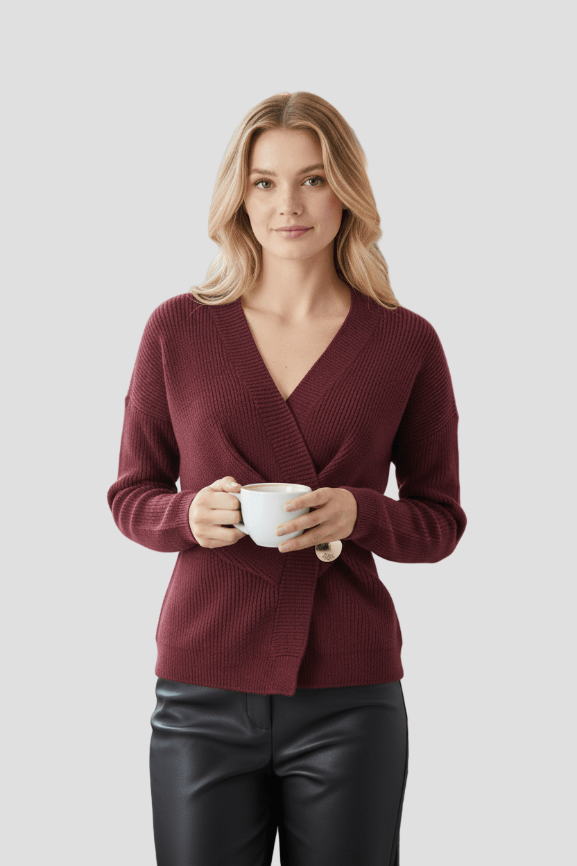 Women's Ribbed Knit Wrap Sweater Top with V-Neck and Asymmetrical Hem