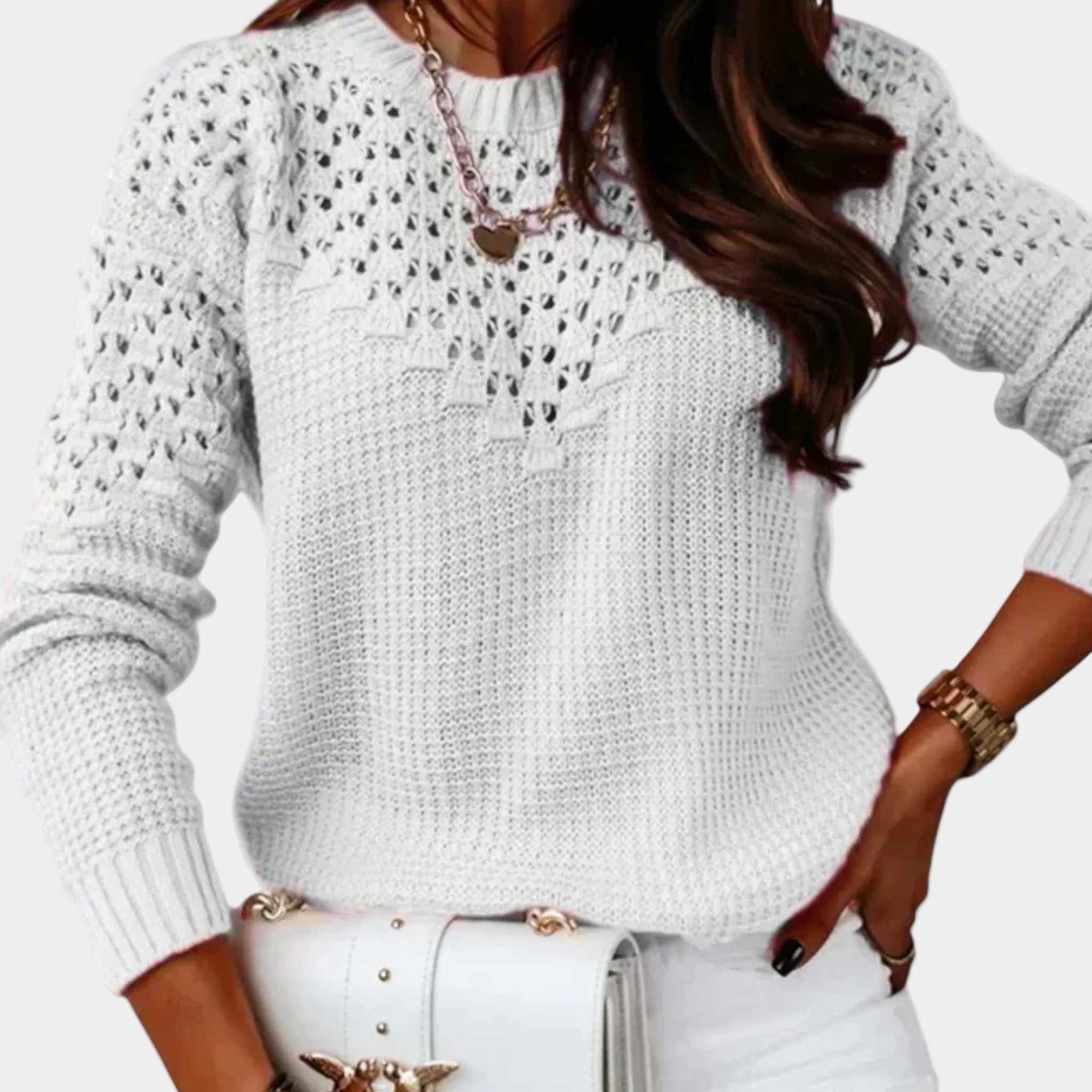 Round Neck Jacquard Sweater with Refined Hollow Detailing for Women