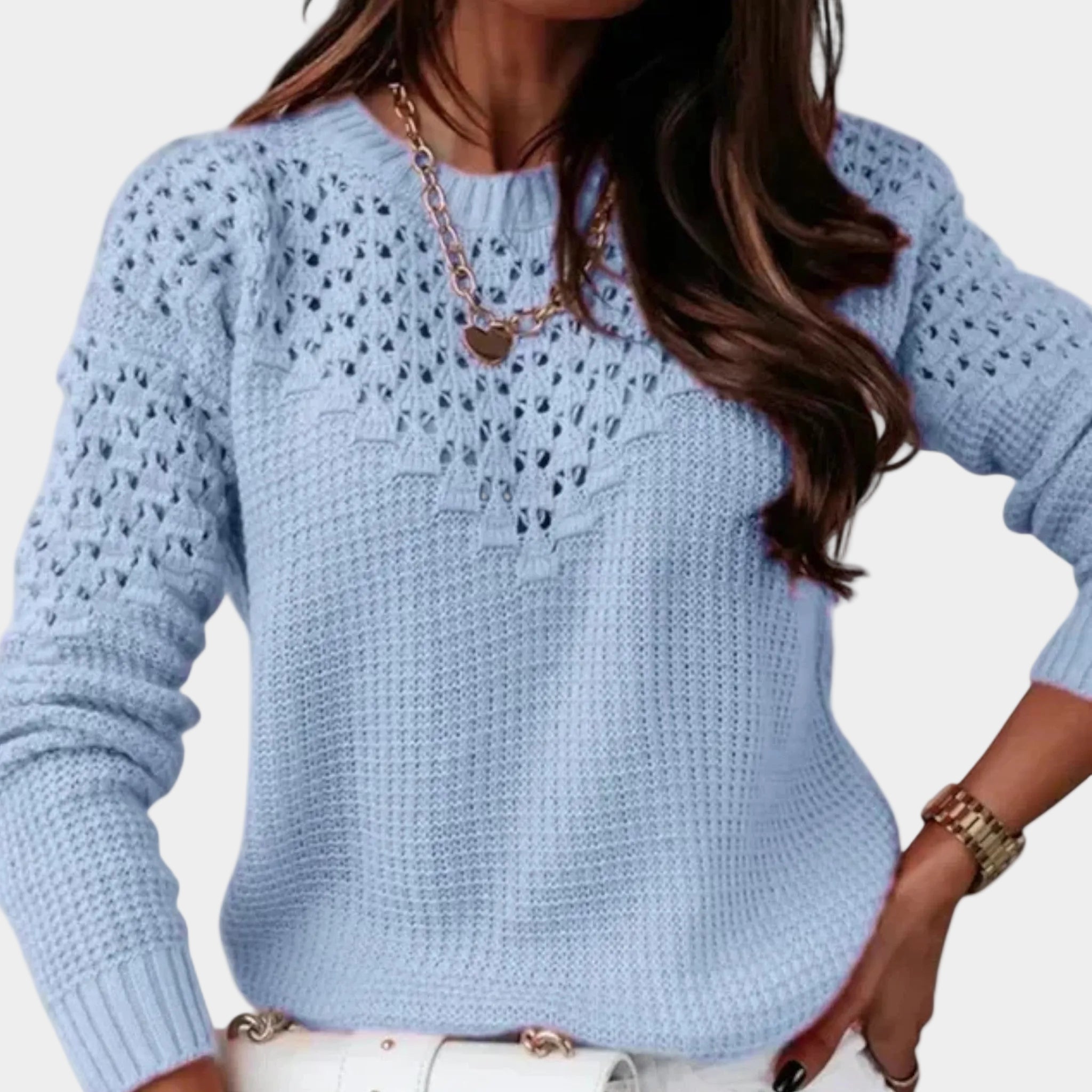 Round Neck Jacquard Sweater with Refined Hollow Detailing for Women