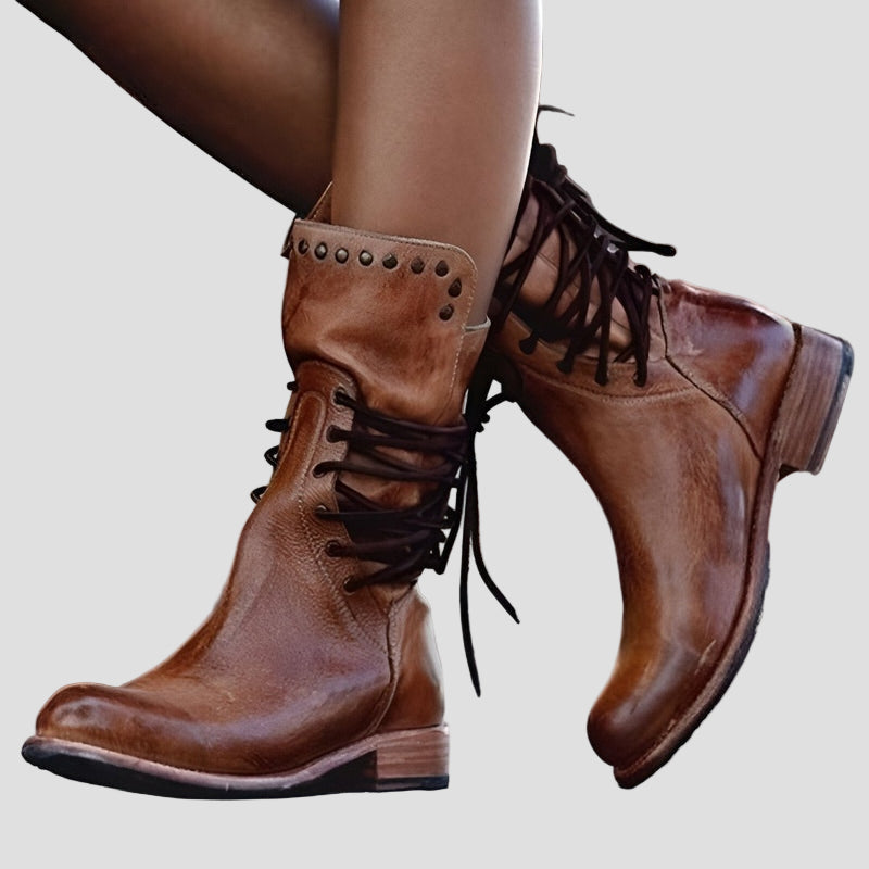 Women's Vintage Lace-Up Mid-Calf Boots with Studded Collar and Low Block Heel