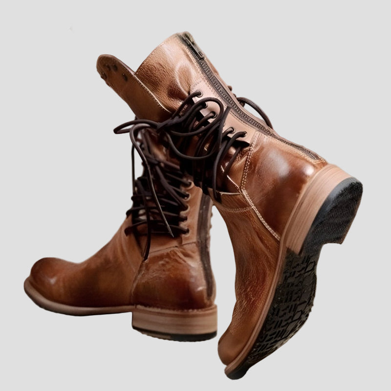 Women's Vintage Lace-Up Mid-Calf Boots with Studded Collar and Low Block Heel