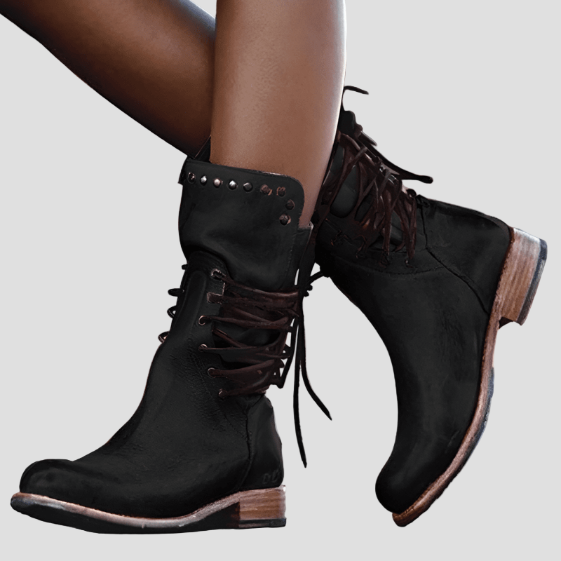 Women's Vintage Lace-Up Mid-Calf Boots with Studded Collar and Low Block Heel