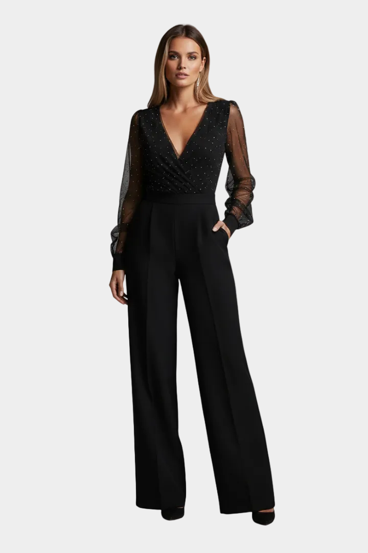 Womens Jumpsuit Round Neck, Straight Leg, Defined Waist