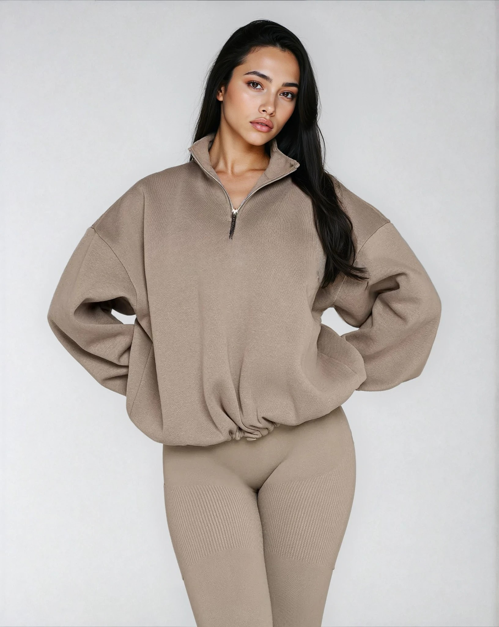 Oversized Half-Zip Sweater for Women – Beige