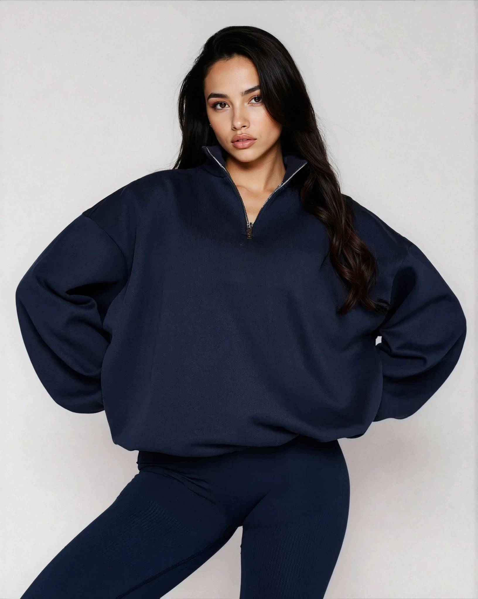 Oversized Half-Zip Sweater for Women – Dark Blue