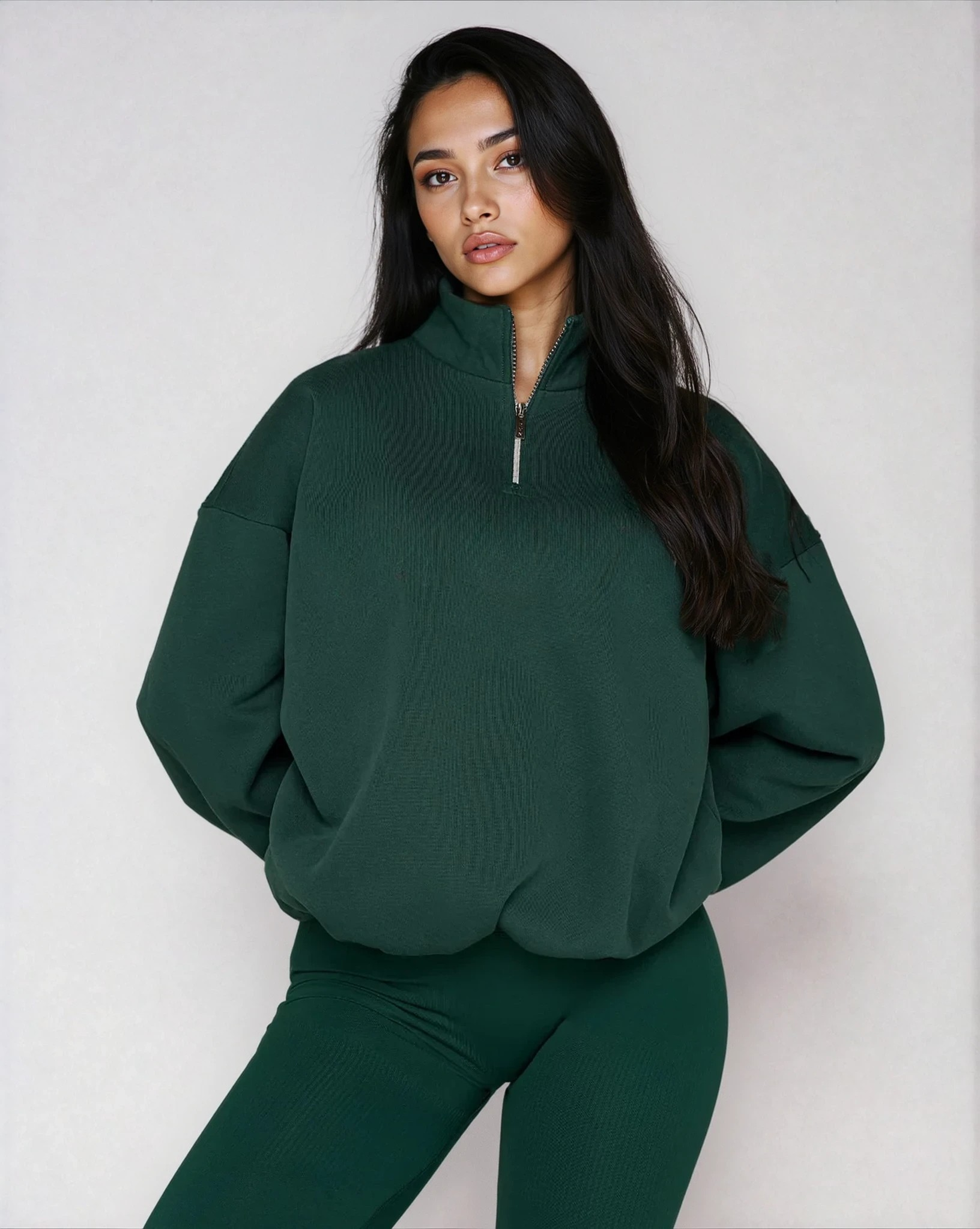 Oversized Half-Zip Sweater for Women – Pine Green